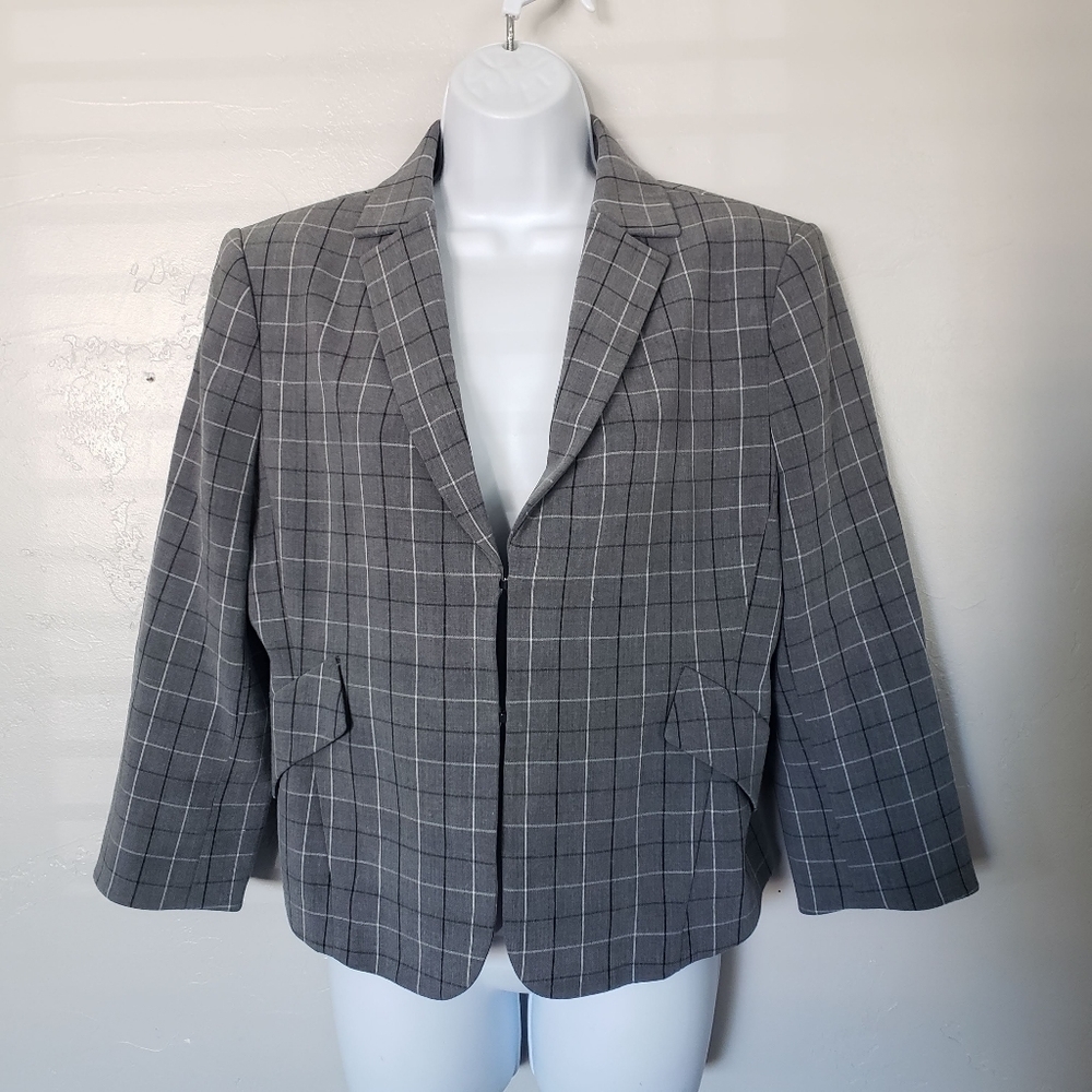 Tommy Hilfiger Women's 12 Grey Plaid Blazer Long Sleeve Peplum Back Preppy Top